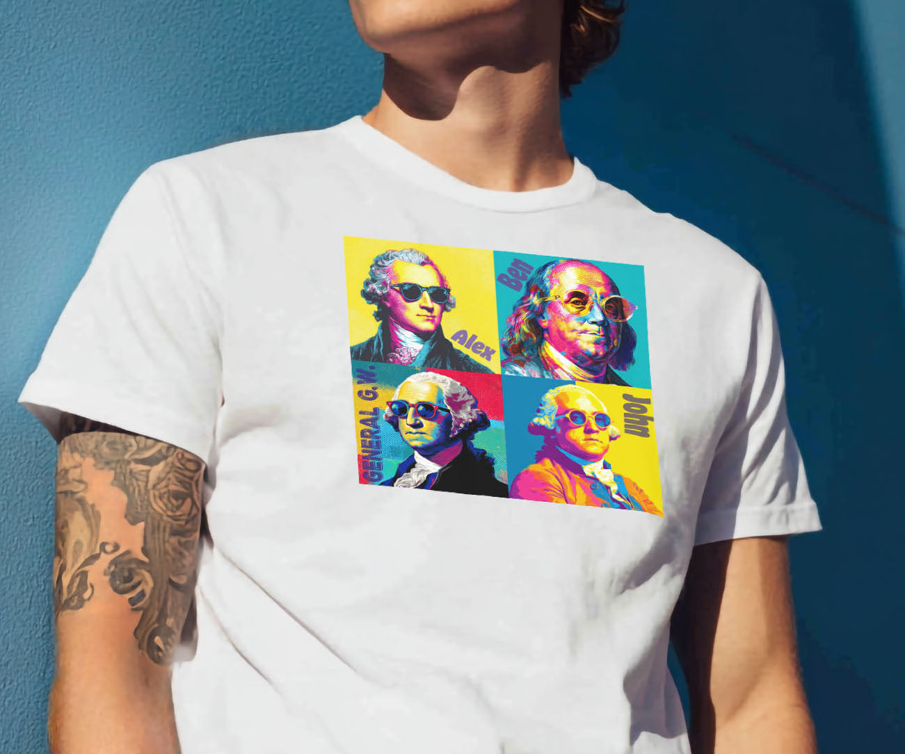 white tee with pop art style founding fathers wearing sunglasses