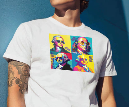 white tee with pop art style founding fathers wearing sunglasses