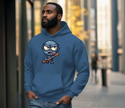 Graphic hoodie with the image of a grumpy alien holding a bat.