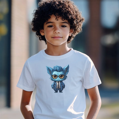 Child wearing a light blue t-shirt with a furry creature that's dressed like a businessman
