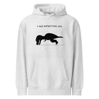 light grey-white graphic hoodie with a dinosaur trying to do a push-up