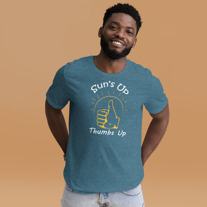 Man wearing a heather teal graphic tee with a thumbs up and the caption "suns up, thumbs up"