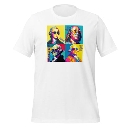 white tee with pop art style founding fathers wearing sunglasses