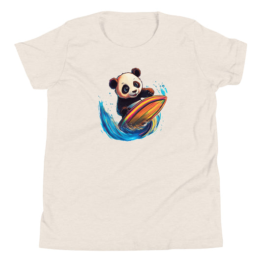 Graphic tee with image of a panda surfing on a brightly colored surfboard